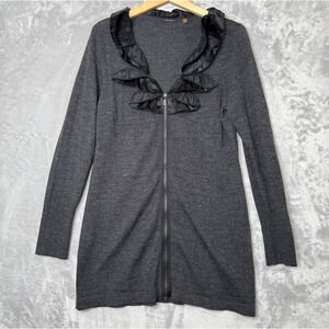 Tahari Sweater Womens Large Charcoal Gray Full Zip Satin Ruffle Collar Tunic
